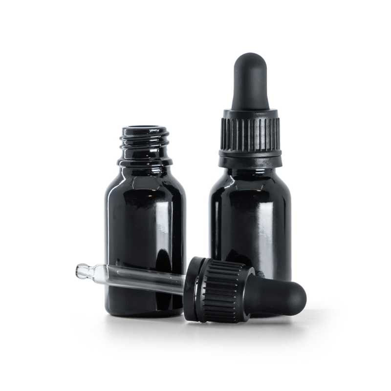 Flacone in vetro, nero lucido, contagocce nero antimanomissione, 15 ml