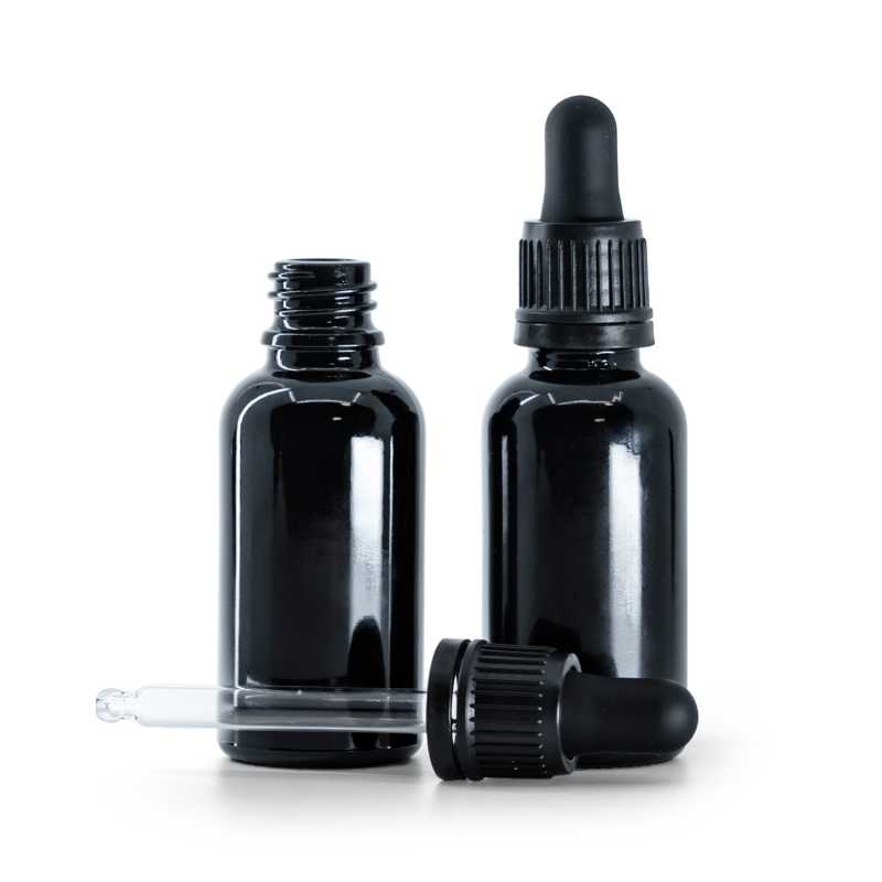 Bottiglia in vetro, nero lucido, contagocce nero, 30 ml