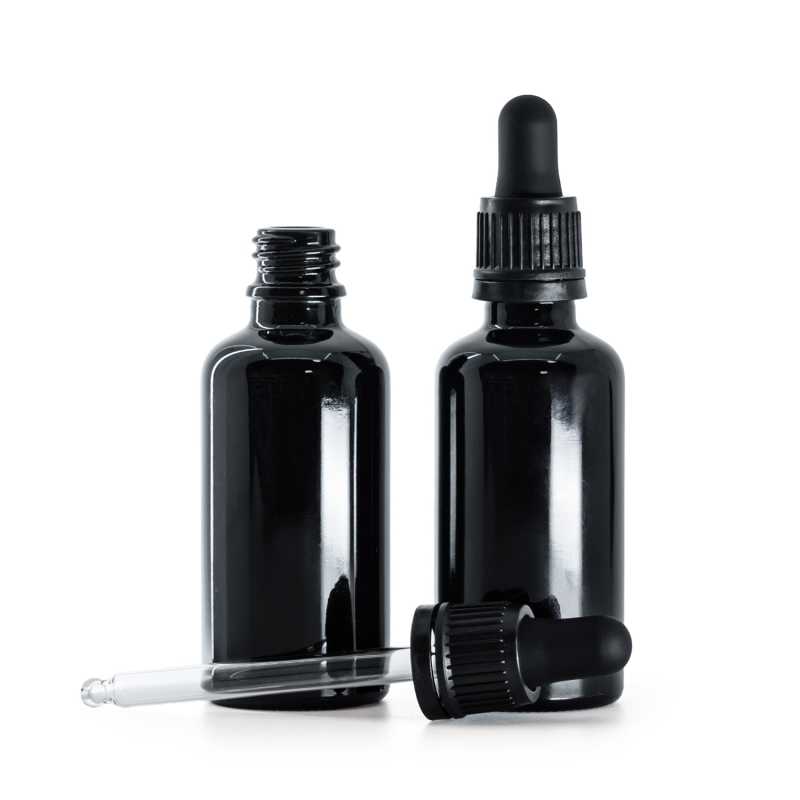 Bottiglia in vetro, nero lucido, contagocce nero antimanomissione, 50 ml