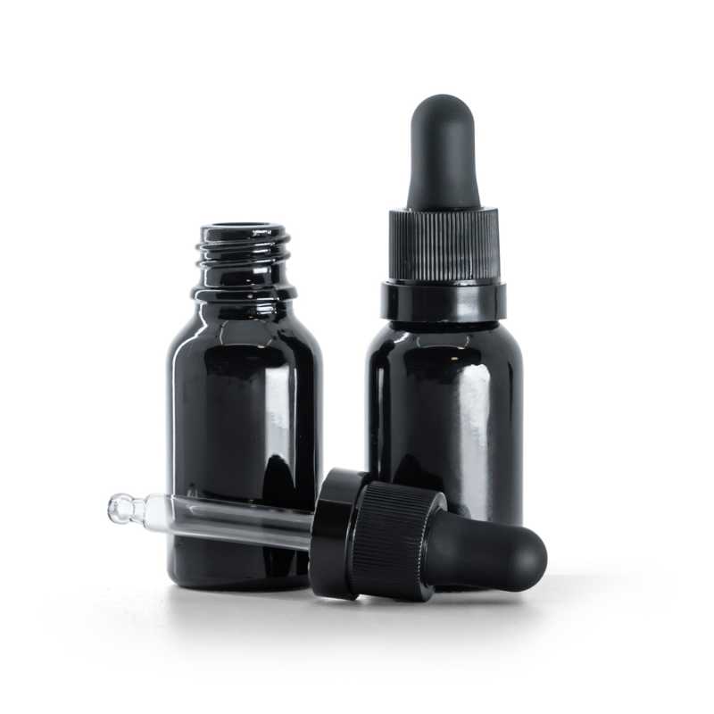 Flacone in vetro, nero, contagocce nero con banda lucida, 15 ml