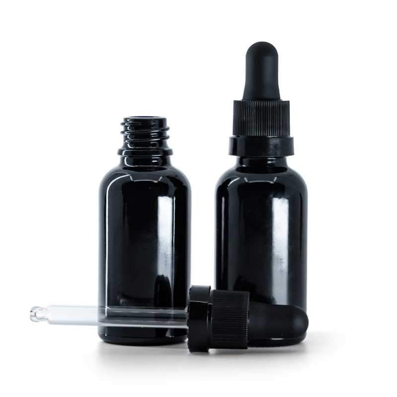 Flacone in vetro, nero lucido, contagocce nero opaco con anello lucido, 30 ml