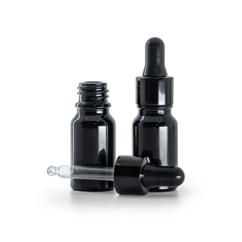 Flacone in vetro, nero lucido, contagocce nero lucido, 10 ml