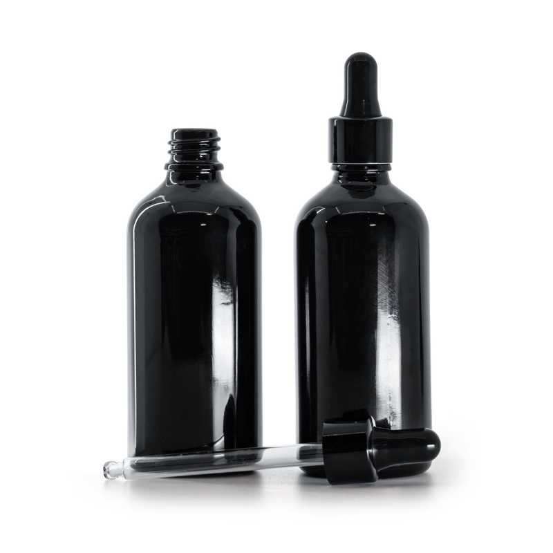 Flacone in vetro, nero lucido, contagocce nero lucido, 100 ml