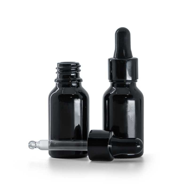 Flacone in vetro, nero lucido, contagocce nero lucido, 15 ml