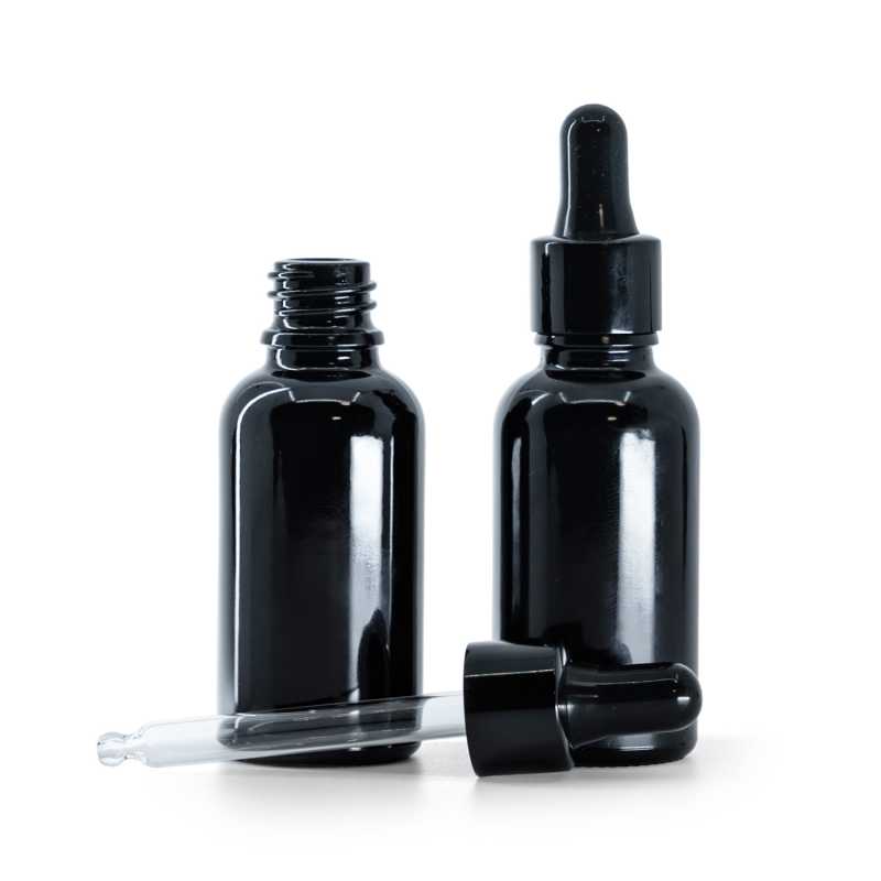 Flacone in vetro, nero lucido, contagocce nero lucido, 30 ml