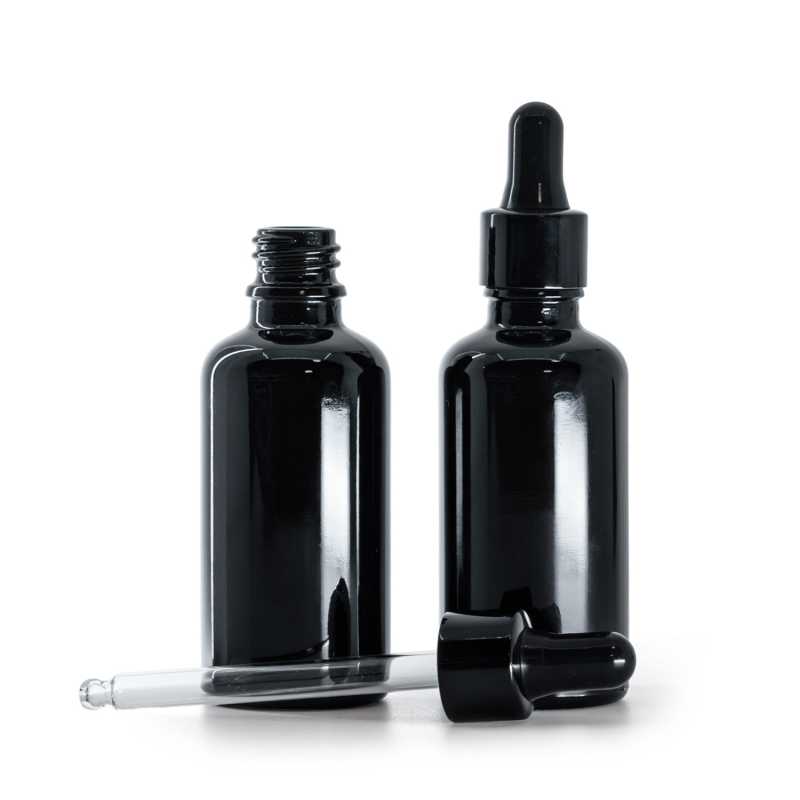 Flacone in vetro, nero lucido, contagocce nero lucido, 50 ml
