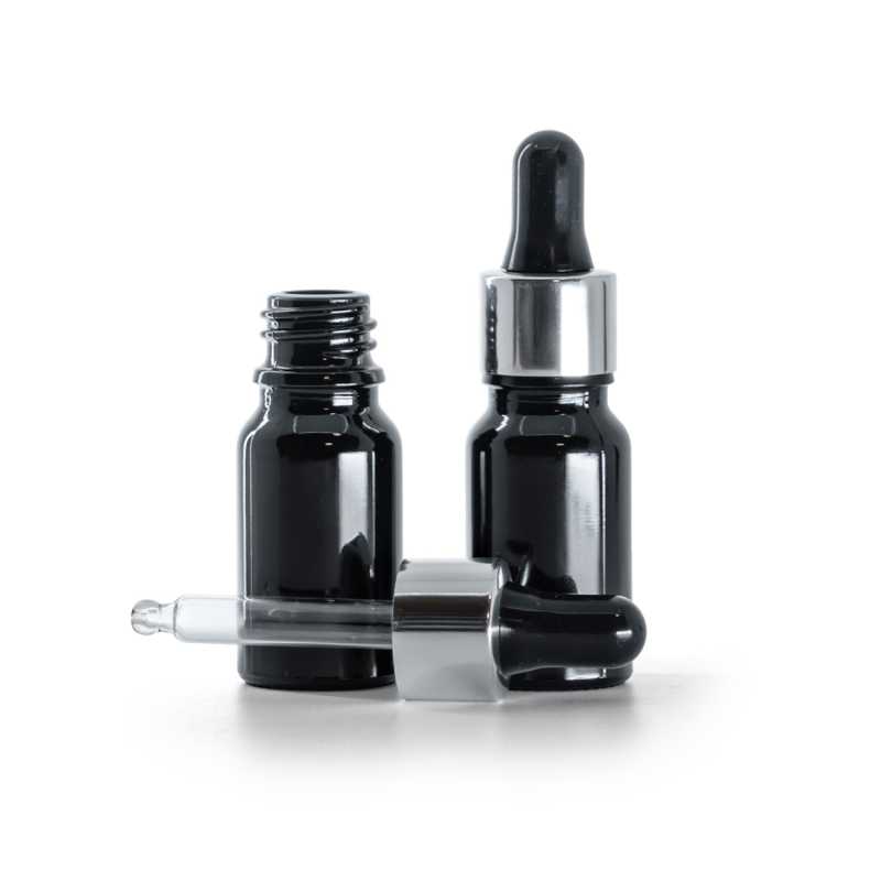 Flacone in vetro, nero lucido, contagocce nero argento lucido, 10 ml