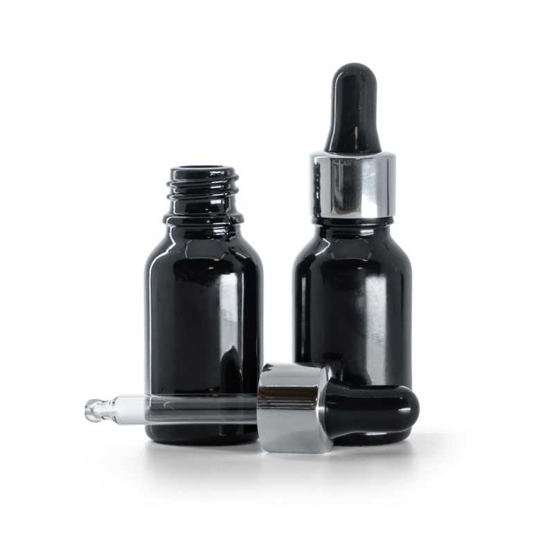Flacone in vetro, nero lucido, contagocce nero argento lucido, 15 ml