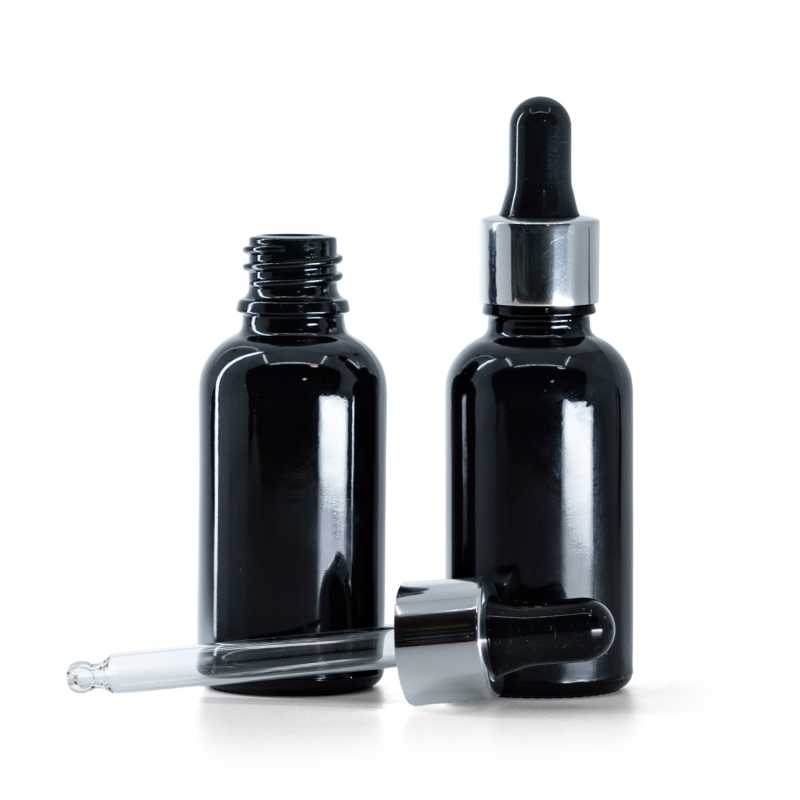 Bottiglia in vetro, nero lucido, contagocce nero argento lucido, 30 ml