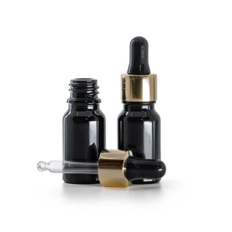 Flacone in vetro, nero lucido, contagocce nero oro, 10 ml