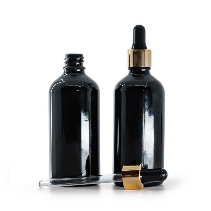Flacone in vetro, nero lucido, contagocce nero‑oro, 100 ml