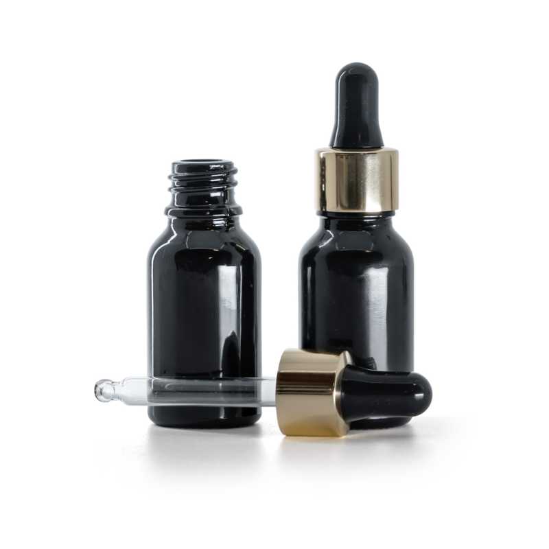 Flacone in vetro, nero lucido, contagocce nero e oro, 15 ml