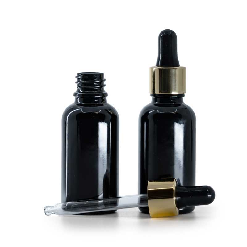 Flacone in vetro, nero lucido, contagocce nero oro, 30 ml