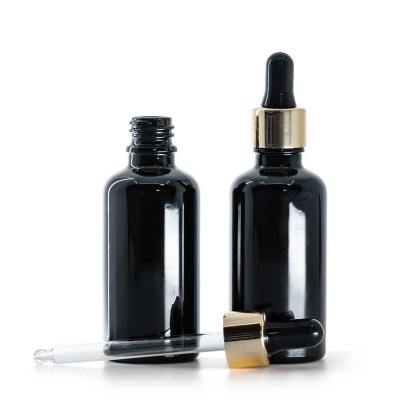 Flacone in vetro, nero lucido, contagocce nero oro, 50 ml