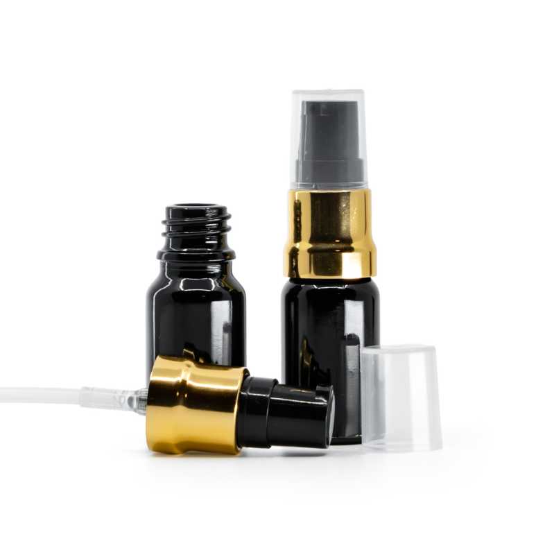 Flacone in vetro, nero lucido, dispenser nero e oro lucido, cappuccio trasparente, 10 ml