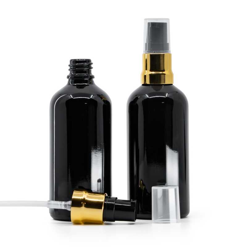 Flacone in vetro, nero lucido, pompa nero oro lucido, sovratappo trasparente, 100 ml