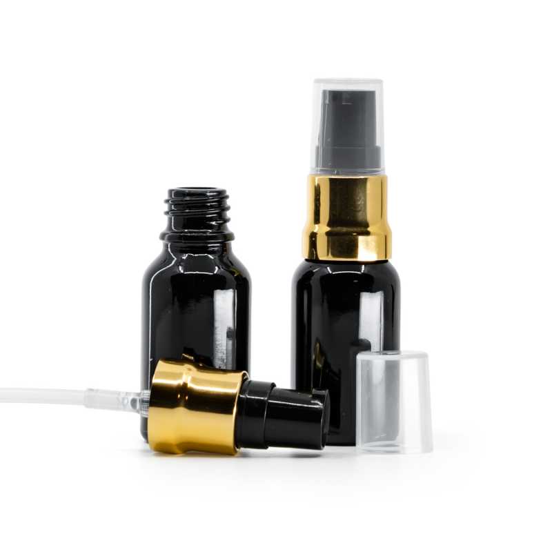 Flacone in vetro, nero lucido, dosatore nero e oro lucido con sovratappo trasparente, 15 ml
