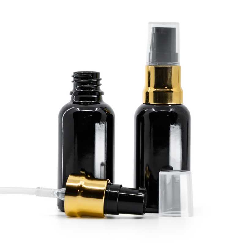 Bottiglia in vetro, nera lucida, dosatore nero e oro lucido, sovratappo trasparente, 30 ml