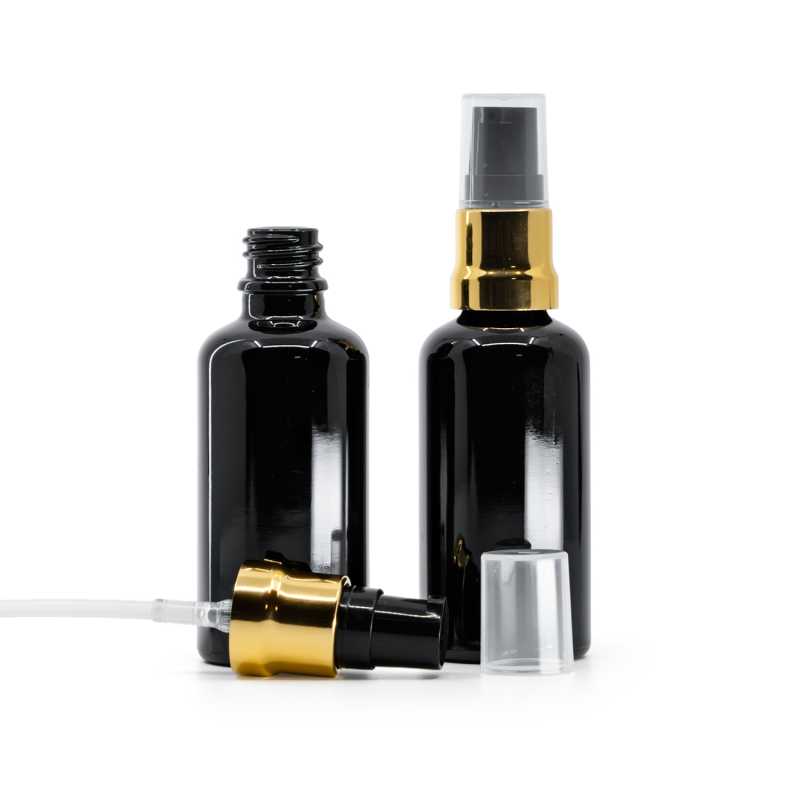 Flacone in vetro, nero lucido, dosatore nero e oro lucido con sovratappo trasparente, 50 ml