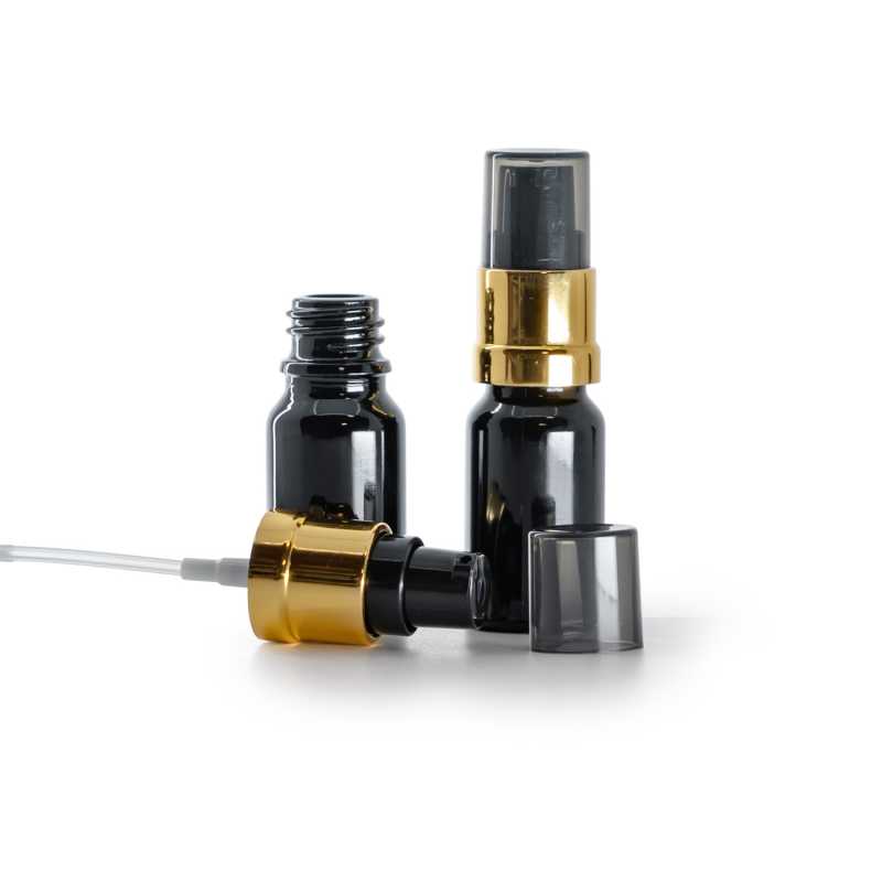 Flacone di vetro nero lucido, dosatore nero e oro lucido con sopra-tappo fumé, 10 ml