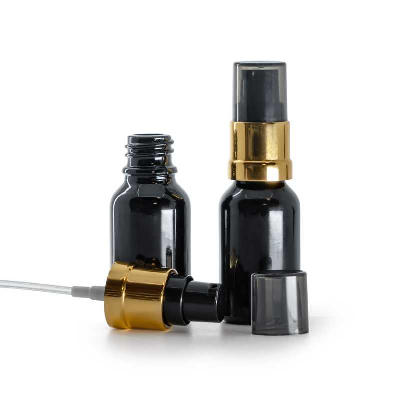 Flacone di vetro nero lucido, dosatore nero e oro lucido con sopra-tappo fumé, 15 ml