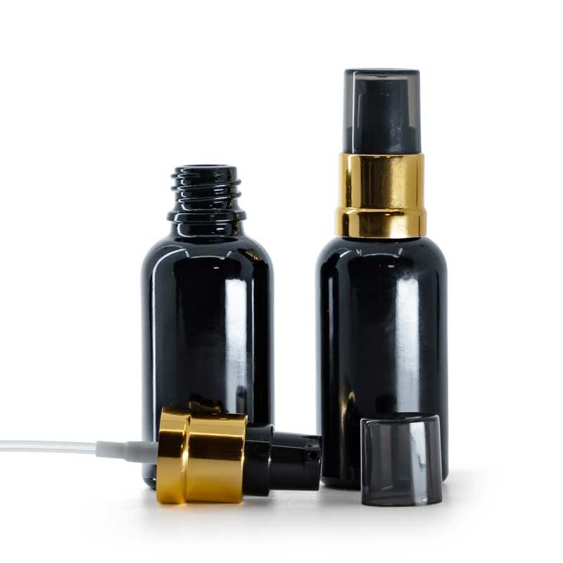 Flacone di vetro nero lucido, pompa nera e dorata lucida con sopra-tappo fumé, 30 ml