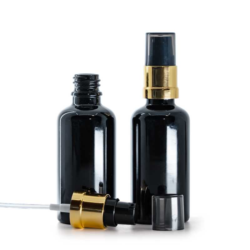 Flacone di vetro nero lucido, pompa nera e oro lucida con sopra-tappo fumé, 50 ml