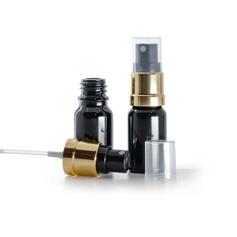 Flacone in vetro, nero lucido, spruzzatore nero e oro, 10 ml