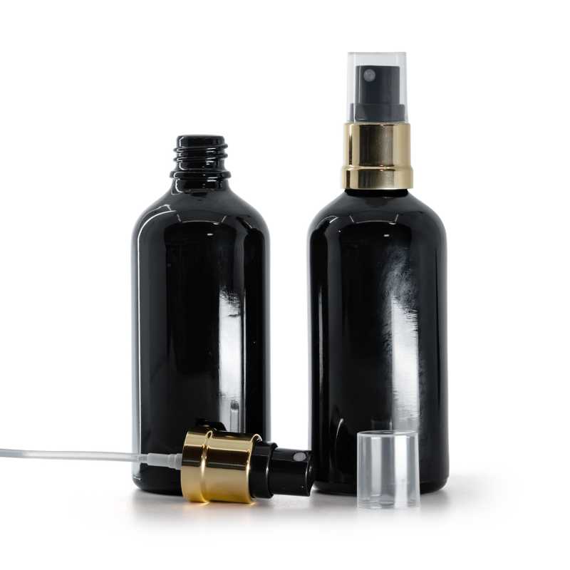 Bottiglia in vetro, nera lucida, spruzzatore, nero e oro lucido, 100 ml