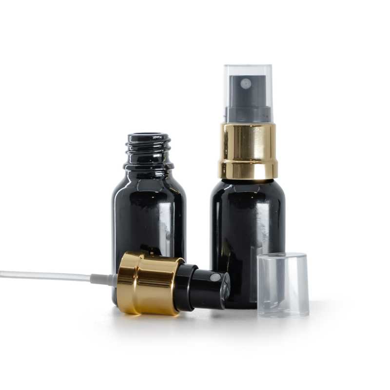 Bottiglia in vetro, nero lucido, spruzzatore nero e oro lucido, 15 ml