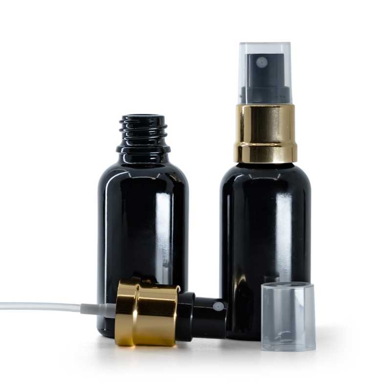 Flacone in vetro, nero lucido, spruzzatore, nero e oro lucido, 30 ml