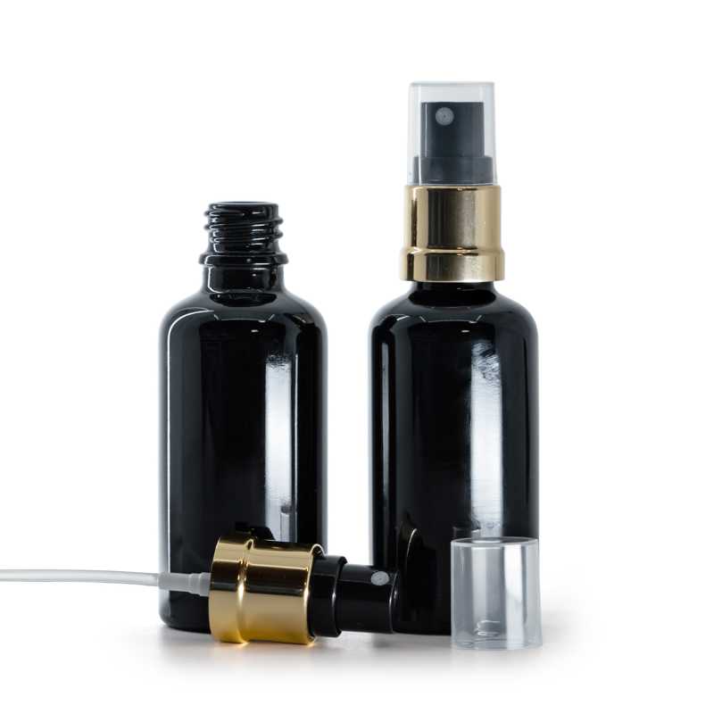 Flacone in vetro, nero lucido, spruzzatore nero e oro lucido, 50 ml