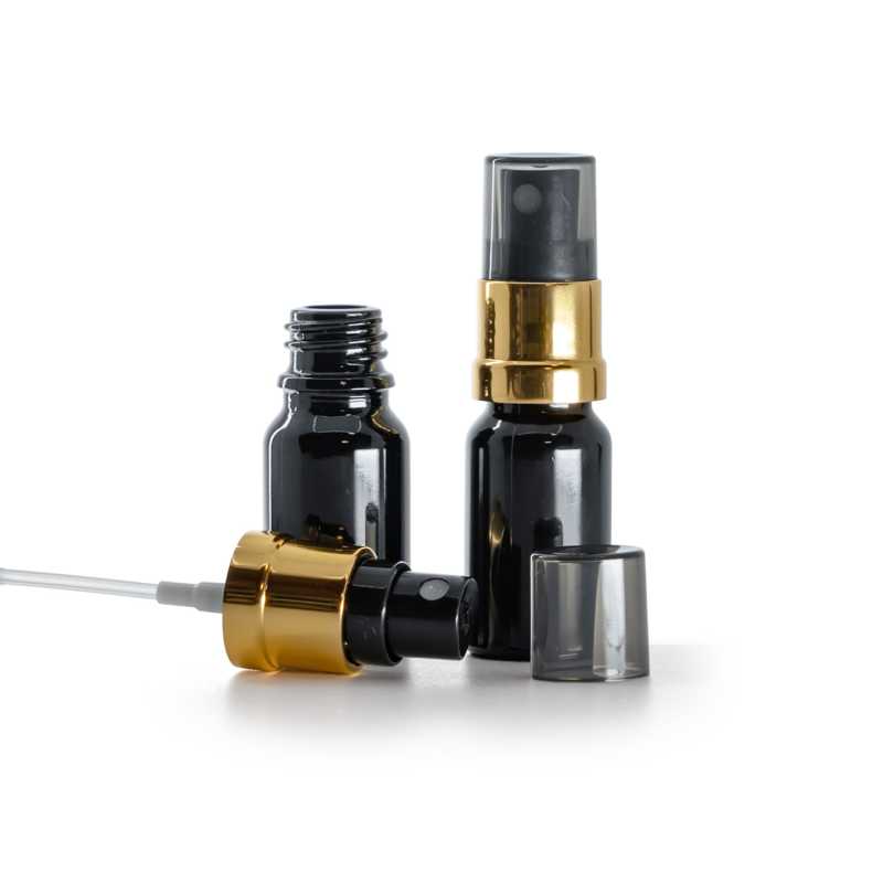 Flacone di vetro nero lucido, spruzzatore nero e oro con sopra-tappo fumé, 10 ml
