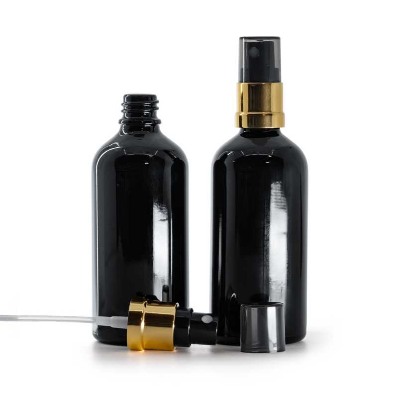 Flacone di vetro nero lucido, spruzzatore nero e oro, sopra-tappo fumé, 100 ml