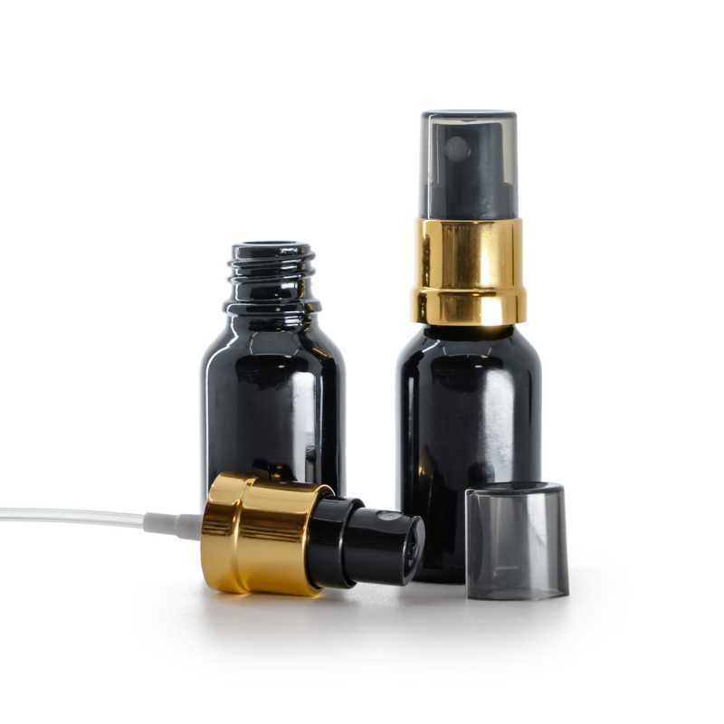 Flacone di vetro nero lucido, spruzzatore nero e dorato con sopra-tappo fumé, 15 ml