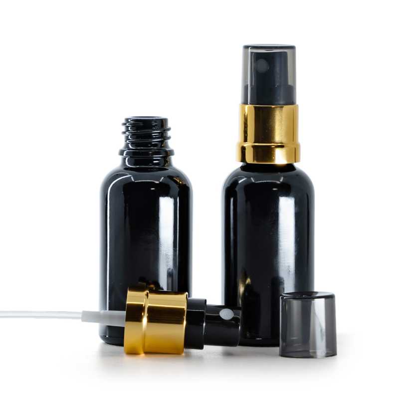 Flaconcino di vetro nero lucido, vaporizzatore nero e oro, sopra-tappo fumé, 30 ml