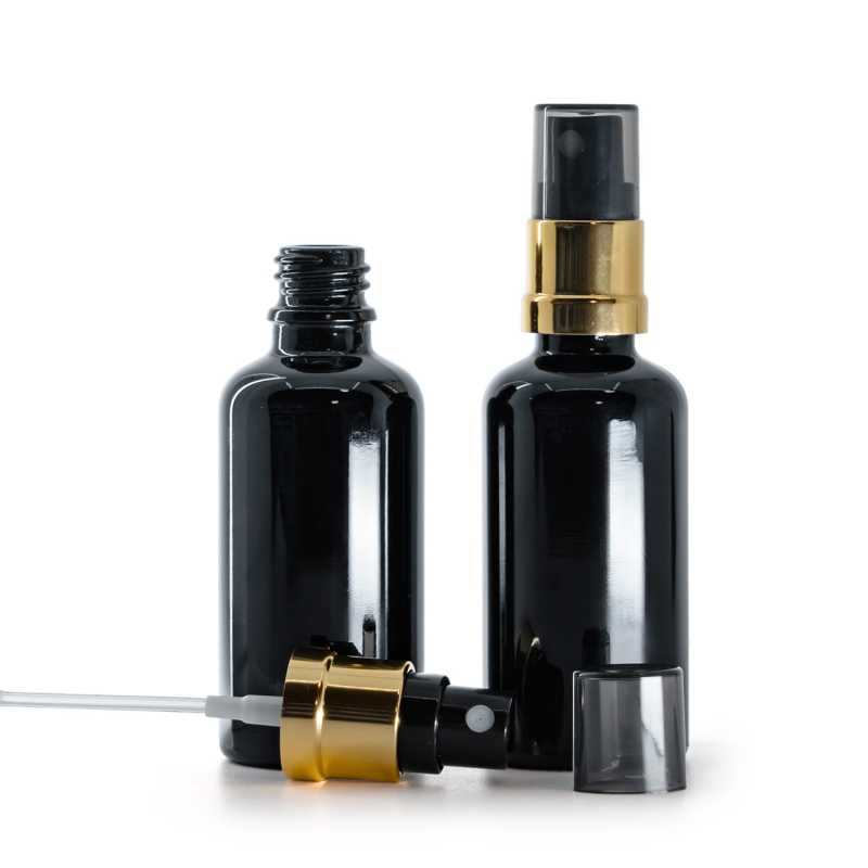 Flacone di vetro nero lucido, spruzzatore nero e oro, sopra-tappo fumé, 50 ml