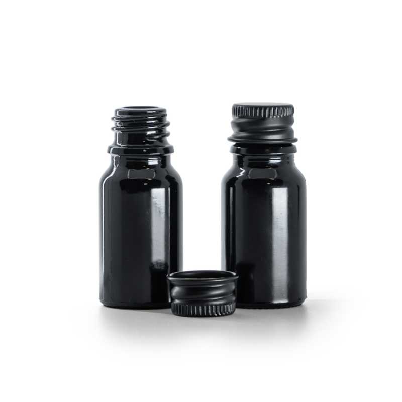 Flacone in vetro, nero lucido, tappo in alluminio nero, 10 ml