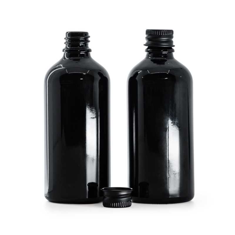 Bottiglia in vetro, nero lucido, tappo in alluminio nero, 100 ml