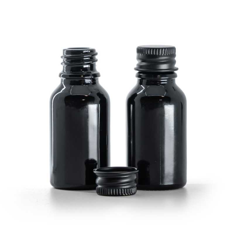 Flacone in vetro, nero lucido, tappo in alluminio nero, 15 ml