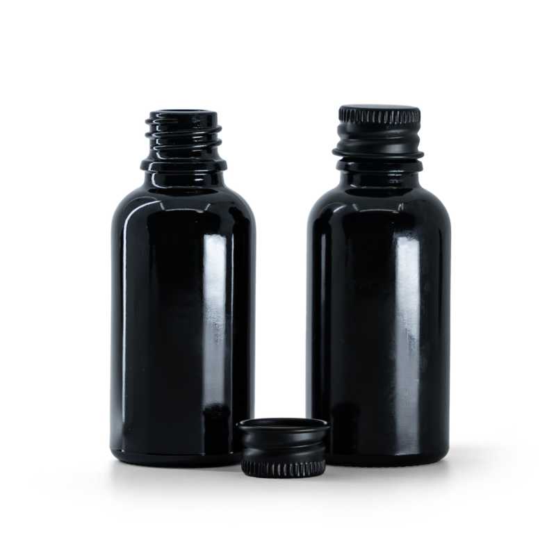 Bottiglia in vetro, nera lucida, tappo in alluminio nero, 30 ml