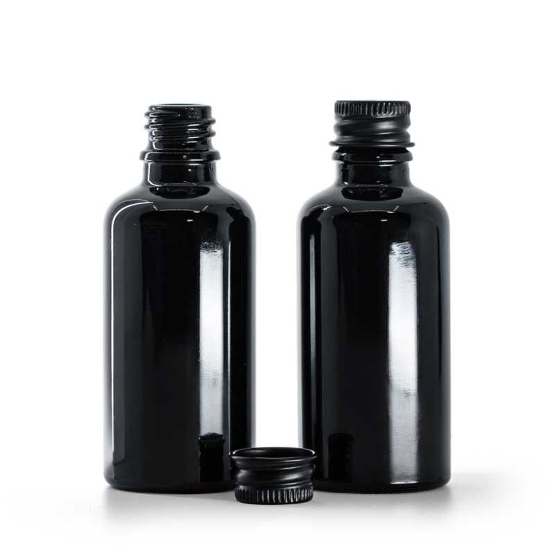 Flacone in vetro, nero, tappo in alluminio nero, 50 ml