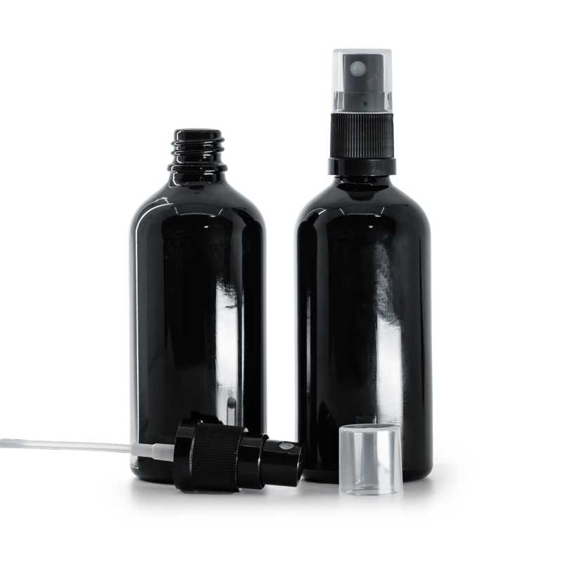 Bottiglia in vetro, nero lucido, spruzzatore, 100 ml