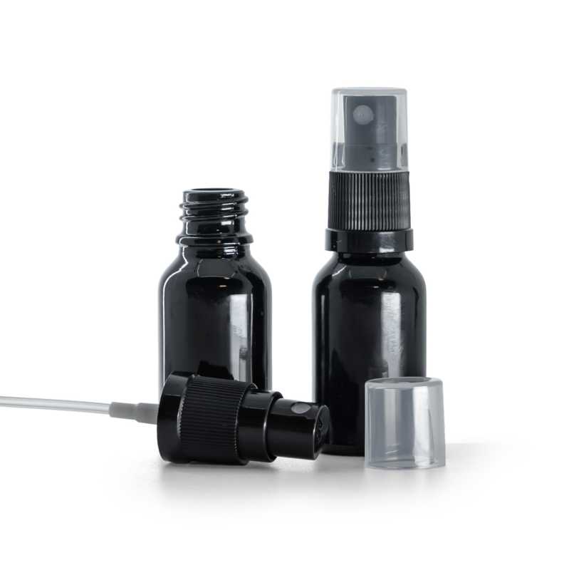 Bottiglia in vetro, nera lucida, spruzzatore nero, 15 ml