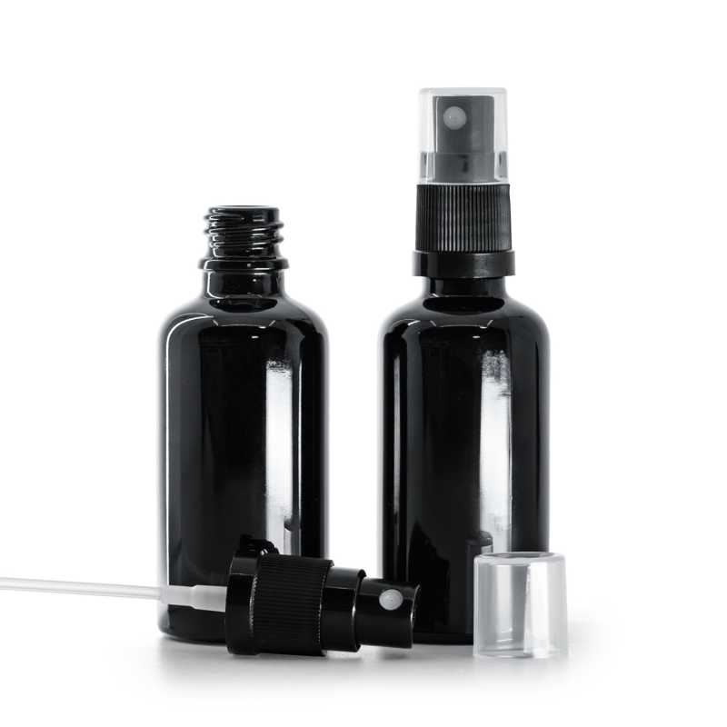 Bottiglia in vetro, nera, spruzzatore, 50 ml