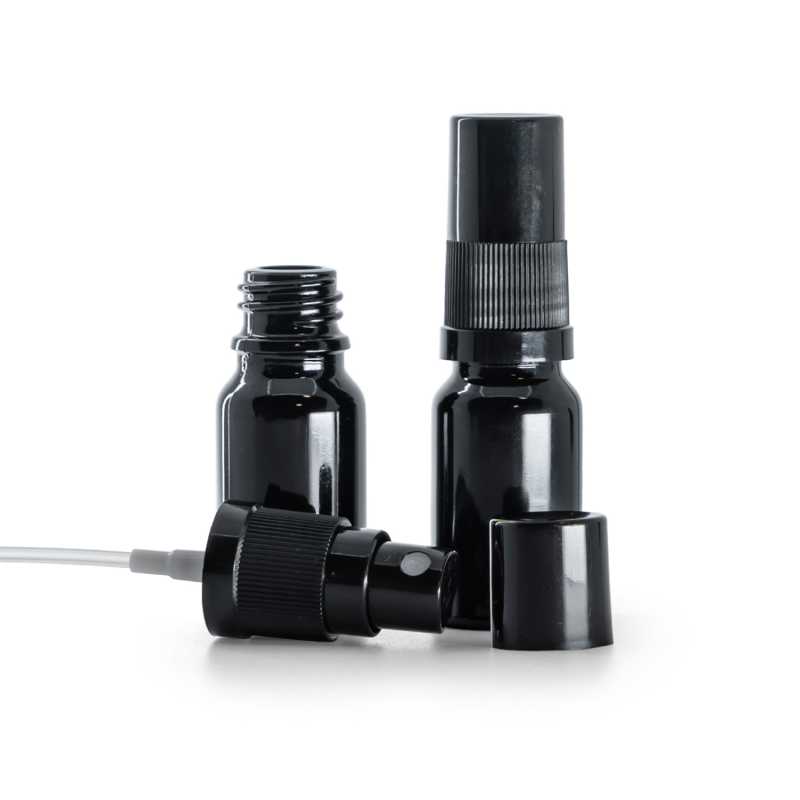 Flacone, vetro, nero lucido, spruzzatore, nero, cappuccio, nero, 10 ml