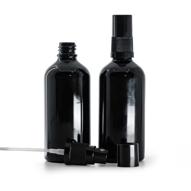 Flacone in vetro, nero lucido, spruzzatore, nero, 100 ml