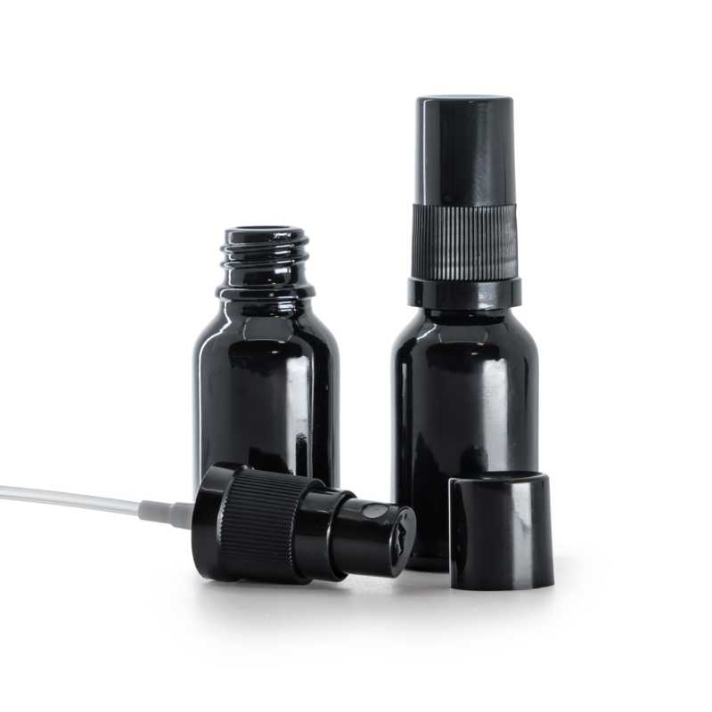 Bottiglia in vetro, nera lucida, spruzzatore, tappo, 15 ml