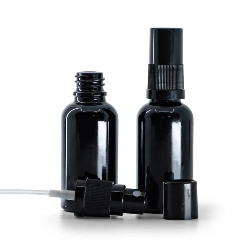 Flacone in vetro nero lucido, spruzzatore, capsula nera, 30 ml