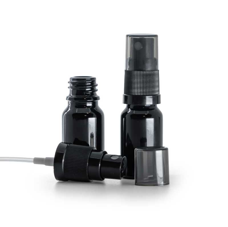 Flacone di vetro nero lucido, spruzzatore nero a nebulizzazione fine, sopra-tappo fumé, 10 ml